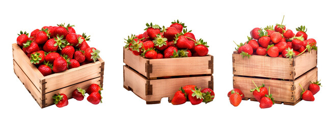 Wall Mural - Three wooden box with strawberries over isolated transparent background