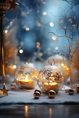 Wall Mural - Christmas lantern in the snow with decorations in the evening scene. Ai generative