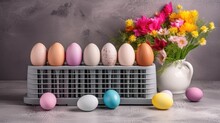  Easter Card Concept With Colorful Eggs On Eggcups Near Seasonal Flowers On Concrete BackgroundHouse Air Conditioning Unit With Protective Mesh Cover During Fall Season. Concept Of Home Air Conditioni