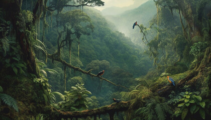 Poster - Adventure in the tropical rainforest: hiking through wet, dark ravines generated by AI