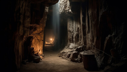 Spooky underground adventure reveals ancient mining ruins and illuminated stalactites generated by AI