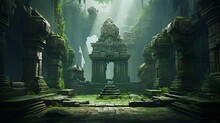 An Ancient, Overgrown Temple Courtyard With Ornate Stone Sculptures, Surrounded By Lush Greenery, Capturing The Spirit Of A Forgotten Civilization
