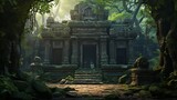Fototapeta  - an ancient stone temple in a lush forest, its wooden pillars adorned with intricate carvings, standing as a testament to timeless craftsmanship