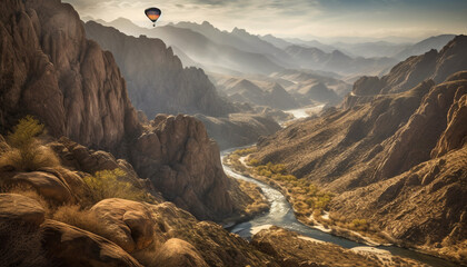 Canvas Print - Adventure seekers hike majestic mountain range, cliff, and rock terrain generated by AI