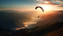 Men Flying High Up In The Mountain Range, Gliding With Parachutes Generated By AI