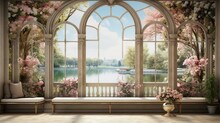 Wallpaper Classic Drawing Of A Palace Garden In The Baron Style Stone Arches Overlooking The River And The Nature With Trees, Flowers, Birds In Vintage 