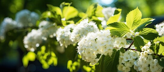 Canvas Print - Viburnum rhytidophyllum has white flowers in the park on a sunny day