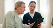 © Wesley JvR/peopleimages.com - Elderly man, tablet and nurse consultation, healthcare and reading health exam results, test data or assessment. Listening patient, nursing home support and caregiver show client senior care report