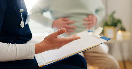 Wall Mural - Paperwork, clipboard and hands, health insurance and people at clinic with patient info and doctor. Medical aid, document or form with surgery consent letter, help in consultation and healthcare