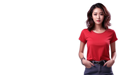 Wall Mural - Asian woman wearing red t-shirt isolated on gray background