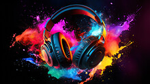 Headphones Over Neon Splashing Wih Vibrant Colours, Dynamic Music Blaster