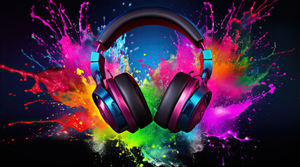 Wall Mural - Headphones over Neon splashing wih vibrant colours, dynamic music blaster