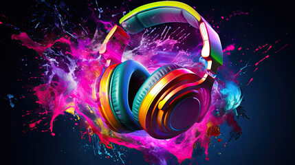 Wall Mural - Headphones over Neon splashing wih vibrant colours, dynamic music blaster