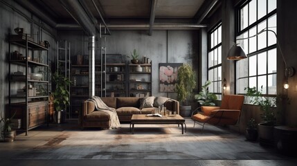 Room in loft style. Living room loft in industrial style, 3d render. Real estate concept.