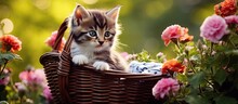 Tiny Adorable Cat In A Basket On The Flowery Ground