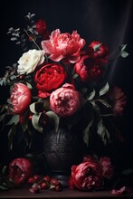 Painterly Floral Illustration, Decadent Peony Flower Arrangement Inspired By Baroque And Dutch Golden Age Art Styles