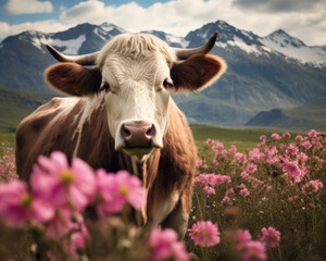 Poster - A cow standing in a field of pink flowers. Generative AI.