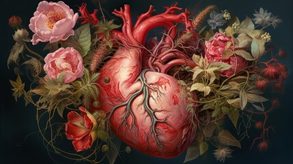 Wall Mural - Painterly art illustration of an anatomical heart surrounded by flowers, grasses, and leaves, with dark moody light, inspired by Baroque and Dutch Golden Age art styles