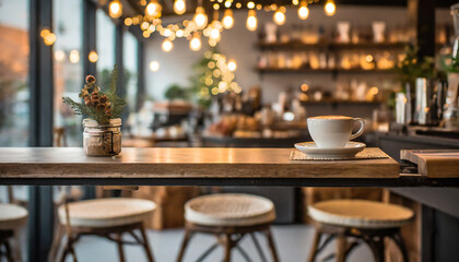 Canvas Print - this stunning coffee shop photograph featuring a cozy shelf and table setup perfect for a cafe or restaurant decor the bokeh effect in the background adds a touch of magic to the scene