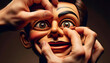 Hands closely examining the face of a ventriloquist dummy