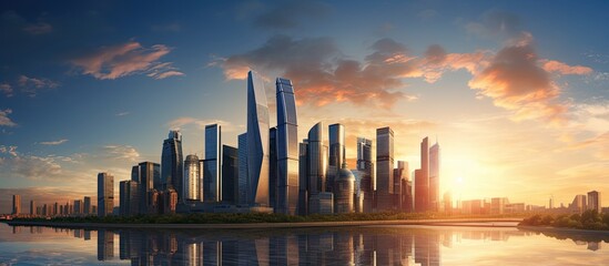 Wall Mural - urban skyline with tall building illuminated by morning sun and gray skies riverside city at dawn wi