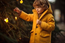 Young Boy In A Yellow Coat Interacting With A Tree During Christmas Time.