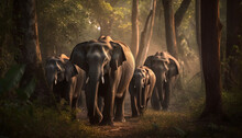 Young Elephant Herd Walking In Tranquil African Wilderness Landscape Generated By AI