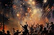 A jubilant crowd dancing under a cascade of fireworks.