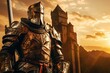 A knight standing guard at a medieval castle during sunset.