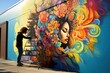 An artist painting a vibrant mural on an urban wall.