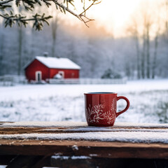 Sticker -  Snowy landscape with a red barn and a steaming mug 
