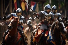 Knights Jousting At A Medieval Tournament, Competition, Spectacle.