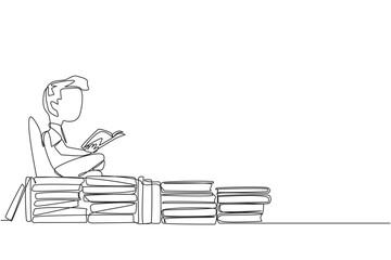 Wall Mural - Single one line drawing boy sitting relaxed reading a book on pile of books. Relax while reading fiction books. Enjoy the storyline. Book festival concept. Continuous line design graphic illustration