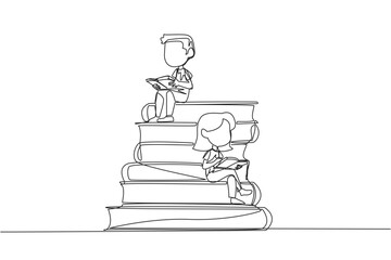 Wall Mural - Single continuous line drawing happy kids sitting on a pile of books reading a book. High interest in reading. Opening horizons of thinking. Book festival concept. One line design vector illustration