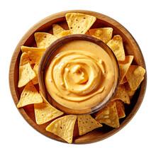 Wooden Bowl With Tortilla Chips And Cheese Sauce Isolated On A Transparent Background