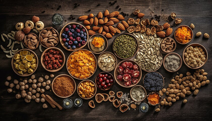 Wall Mural - Organic fruit bowl almond with cashew, cranberry, hazelnut, walnut, blueberry, pumpkin, berry generated by AI