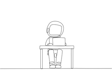 Wall Mural - Single continuous line drawing astronaut sitting and typing on laptop computer. Prepare important data to presenting in front of spaceship's Directors. Hectic. One line design vector illustration