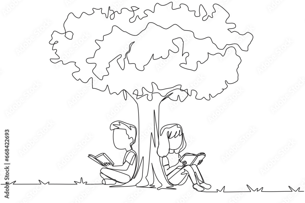 Single one line drawing the kids sitting reading a book under shady ...