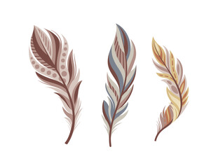 Wall Mural - Set of feathers concept. Part of birds wings. Element of decor for Indian clothing. Culture and traditions, history. Cartoon flat vector collection isolated on white background