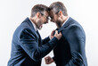 businessmen having conflict fight in business. fighting between boss and employee. business fight. two businessmen fighting at rivalry isolated on white. misunderstanding