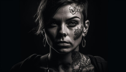  Beautiful young woman with tattoo exudes sensuality in black studio generated by AI