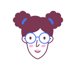 Wall Mural - Female hairstyle doodle avatar. Young girl with brown curly hairs in glasses. Sticker for social networks and messengers. Cartoon flat vector illustration isolated on white background