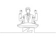 Single one line drawing young energetic businessman speaking at the podium while raising and clenching both hands. Styled like a politician seeking votes. Continuous line design graphic illustration