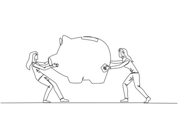 Wall Mural - Single one line drawing two selfish businesswoman fighting over big piggy bank. Arguing and each other feel entitled. Businesswoman versus businesswoman. Continuous line design graphic illustration