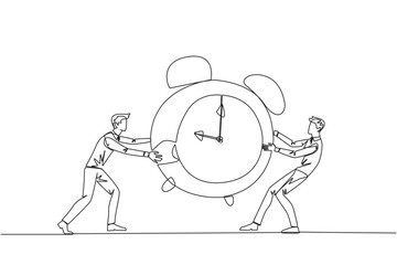 Wall Mural - Single continuous line drawing two emotional businessman fighting over the big alarm clock. The concept of fighting for rare items for prestige. Conflict. Attack. One line design vector illustration