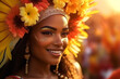 Beautiful young woman in carnival stylish masquerade costume with feathers and sparklers in colorful bokeh