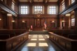 Empty American Style Courtroom. Supreme Court of Law and Justice Trial Stand