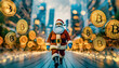 Santa Clause is walking toward the camera in the middle of the road while Bitcoin coins surround the area symbolizing the holiday Bull Run