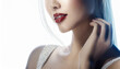close up beauty portrait of an asian woman make up model with red lips