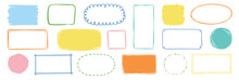 Hand Drawn Doodle Color Frame Set. Box, Square, Rectangle, Circle Shape Brush Pen Line Stroke Scribble Element. Hand Drawn Simple Oval, Square Frame For Text Border. Vector Illustration